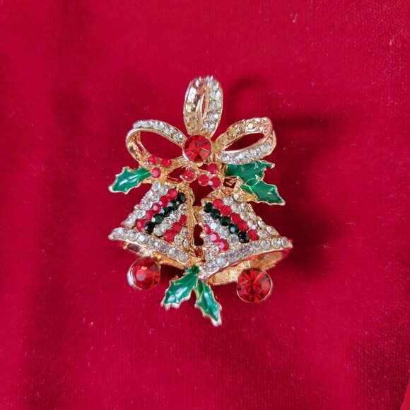 Christmas Bells Brooch Mistletoe Goldtone Red Green Rhinestones 2 Inch High - Picture 1 of 7
